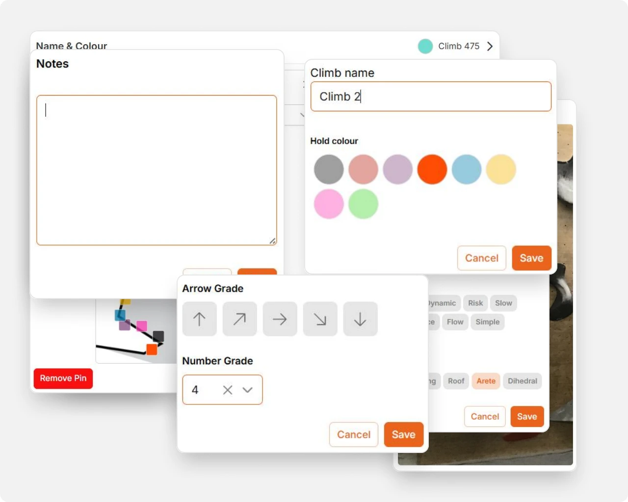 Climb editing with grades, hold colors, images and notes